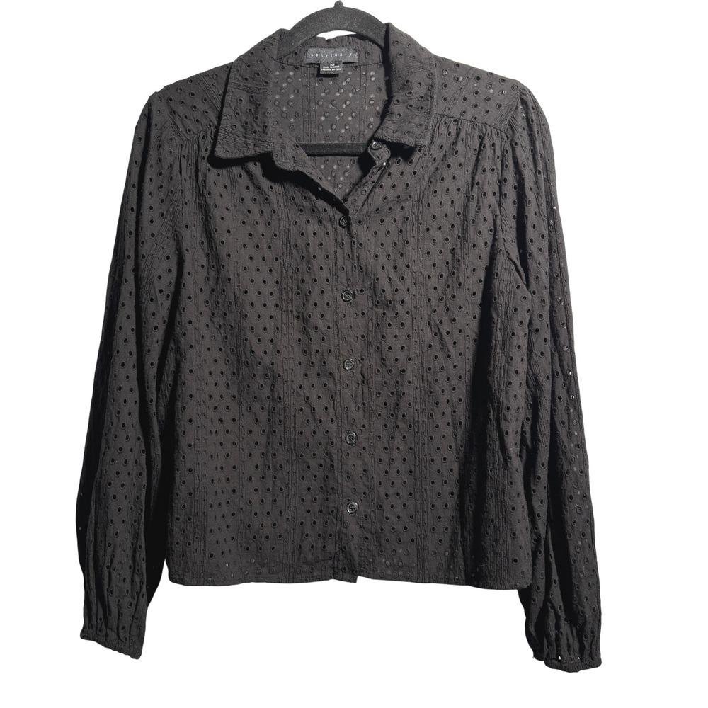Sanctuary Black Eyelet Cotton Button Up Top Long Sleeve M Dark Cottage Core Goth